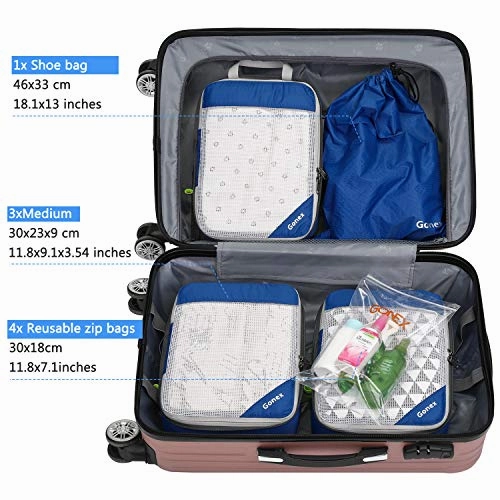 Gonex Compression Packing Cubes Set, Travel Suitcase Luggage Organizer 3pcs  Shoe Bag  4 Zip Bags Deep blue