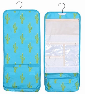 Hanging Toiletry Cosmetic Organizer Bag - Roll Up For Storage And Travel (Turquoise Cactus Print)