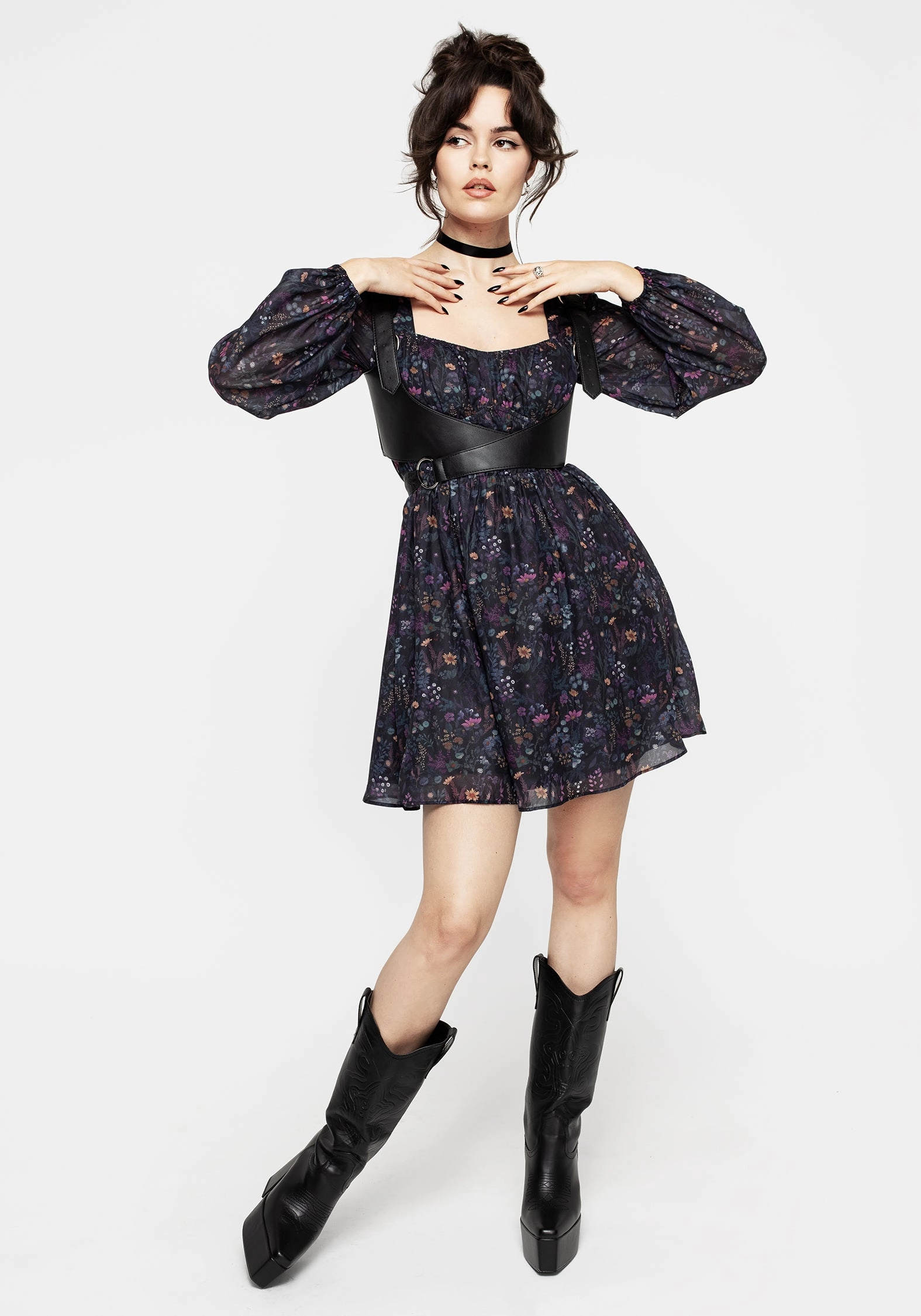 Heliotrope Floral Print Chiffon Mini Dress