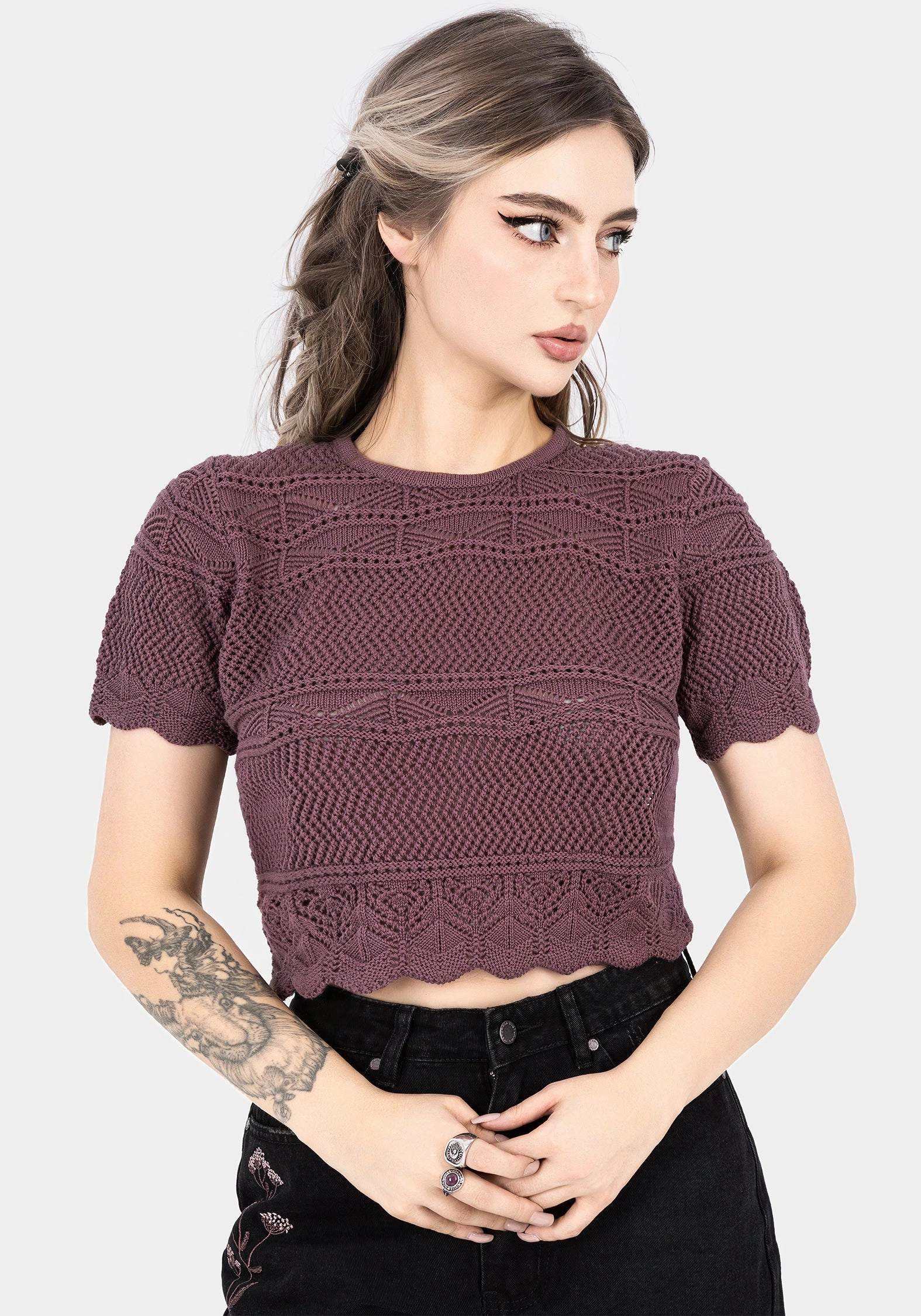 Hooked Pointelle Short Sleeve Crop Top - Purple Tops Womens - women's blouses clearance