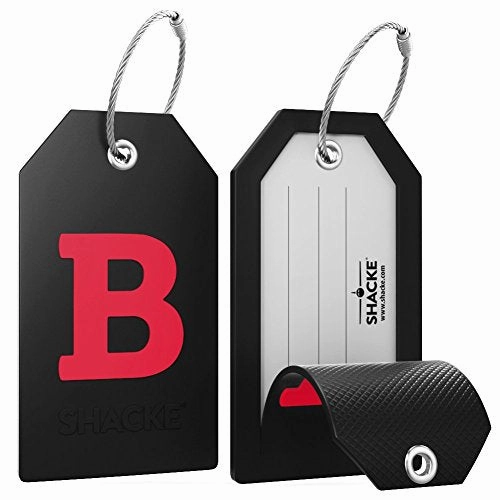 Initial Luggage Tag With Full Privacy Cover And Stainless Steel Loop (Black) (B)