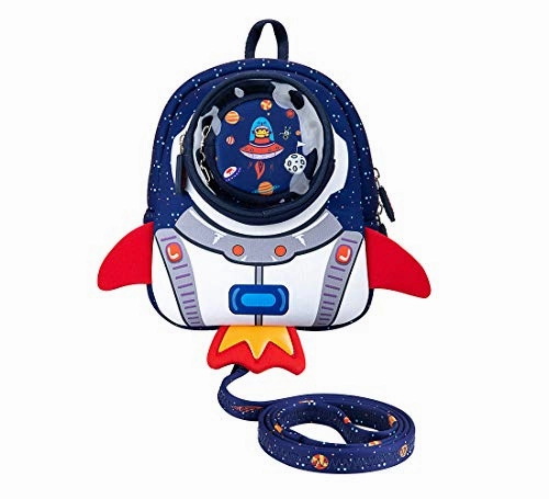JiePai Rocket Toddler Backpack with Harness Leash 3D Cartoon Snack Nursery Backpack for Kids Boys Girls 1-3 Years Old (Rocket-Blue)
