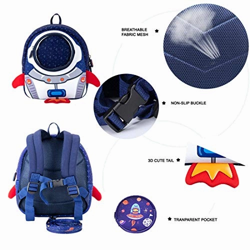 JiePai Rocket Toddler Backpack with Harness Leash 3D Cartoon Snack Nursery Backpack for Kids Boys Girls 1-3 Years Old (Rocket-Blue)