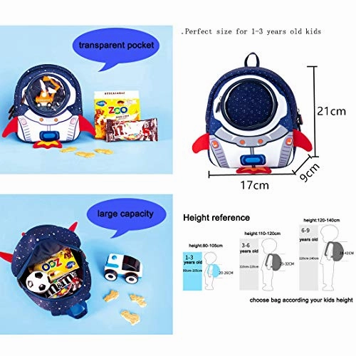 JiePai Rocket Toddler Backpack with Harness Leash 3D Cartoon Snack Nursery Backpack for Kids Boys Girls 1-3 Years Old (Rocket-Blue)