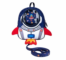 JiePai Rocket Toddler Backpack with Harness Leash 3D Cartoon Snack Nursery Backpack for Kids Boys Girls 1-3 Years Old (Rocket-Blue)