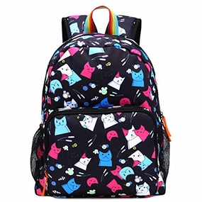 Kemy's Cat Preschool Backpack for Girls Rainbow Kitty Toddler Backpacks for Little Kids Preschooler Kindergarten Back Pack Nursery School Packie Kiddos Water Resistant Small Gift Black Colorful