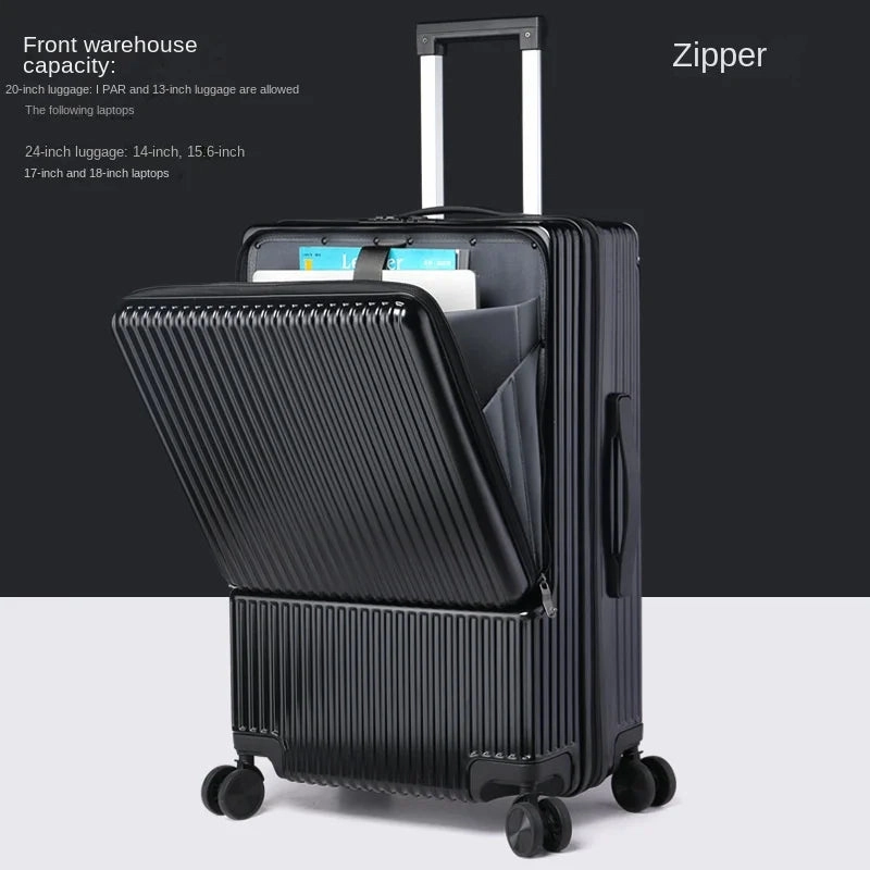 KLQDZMS 20"22"24"26Inch Carry-on Suitcase Front Opening Laptop Boarding Case Aluminum Frame Trolley Case USB Charging Luggage