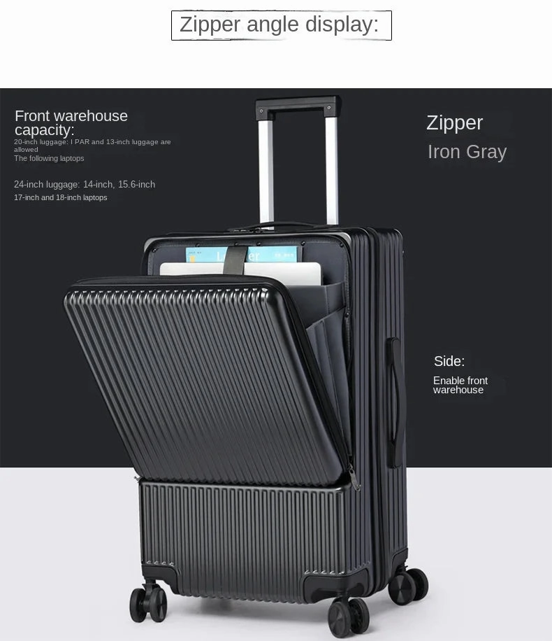 KLQDZMS 20"22"24"26Inch Carry-on Suitcase Front Opening Laptop Boarding Case Aluminum Frame Trolley Case USB Charging Luggage