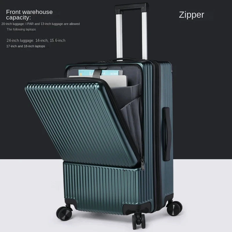 KLQDZMS 20"22"24"26Inch Carry-on Suitcase Front Opening Laptop Boarding Case Aluminum Frame Trolley Case USB Charging Luggage
