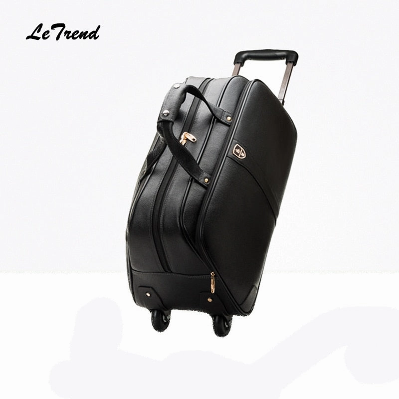 Letrend 100% Genuine Leather Travel Bag Rolling Luggage Spinner Suitcases Wheel 20 Inch Carry On