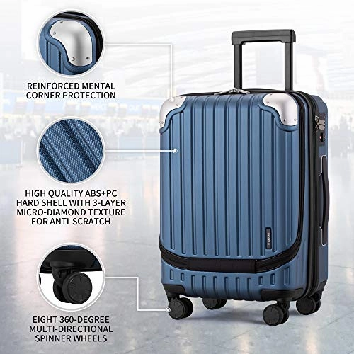 LEVEL8 Carry-On Luggage, Hardside Suitcase, 20 Lightweight ABS PC Hardshell Spinner Trolley for Luggage with Built-In TSA Lock, 8 Spinner Wheels, Blue, 20-Inch Carry-On