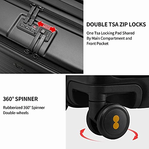 LEVEL8 Carry On Luggage, Road Runner 20-Inch Hardside Suitcase, Spinner Luggage with Front Pocket, Double TSA Locks - Black