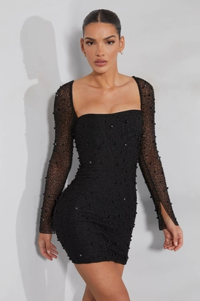Long Sleeve Embellished Corset Mini Dress in Black Dresses - dresses on sale