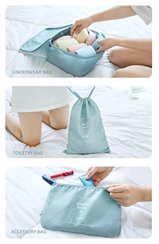 Luggage Organizer, Packing Cubes For Travel With Shoes Bags, Compression Cells, Accessories Bags Made With Wearable Waterproof Material. Perfect for Travel, Long Trips, Camping (Pink Stripe - 7 PCS)