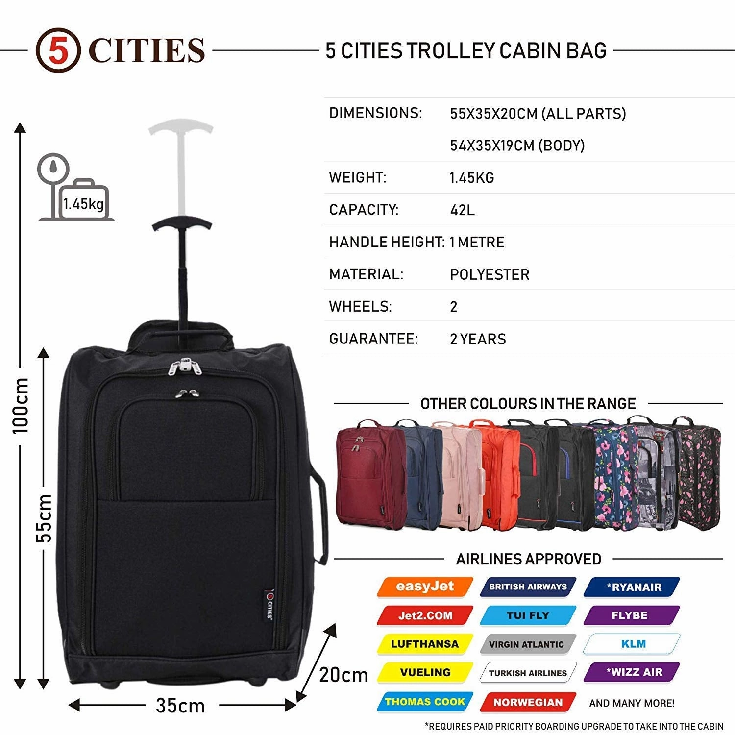 Maximum Airline Allowance Carry On Hand Luggage | Wheeled Travel Bag Lightweight Small Soft Trolley for Men & Women | Approved by Delta, United, Southwest & Many More (Black)