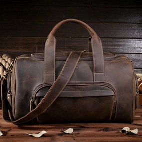 Men Genuine Leather Travel Duffle Vintage Crazy Horse Leather Travel Totes Zipper Duffel Bag