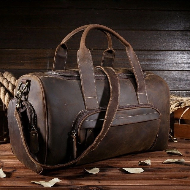 Men Genuine Leather Travel Duffle Vintage Crazy Horse Leather Travel Totes Zipper Duffel Bag