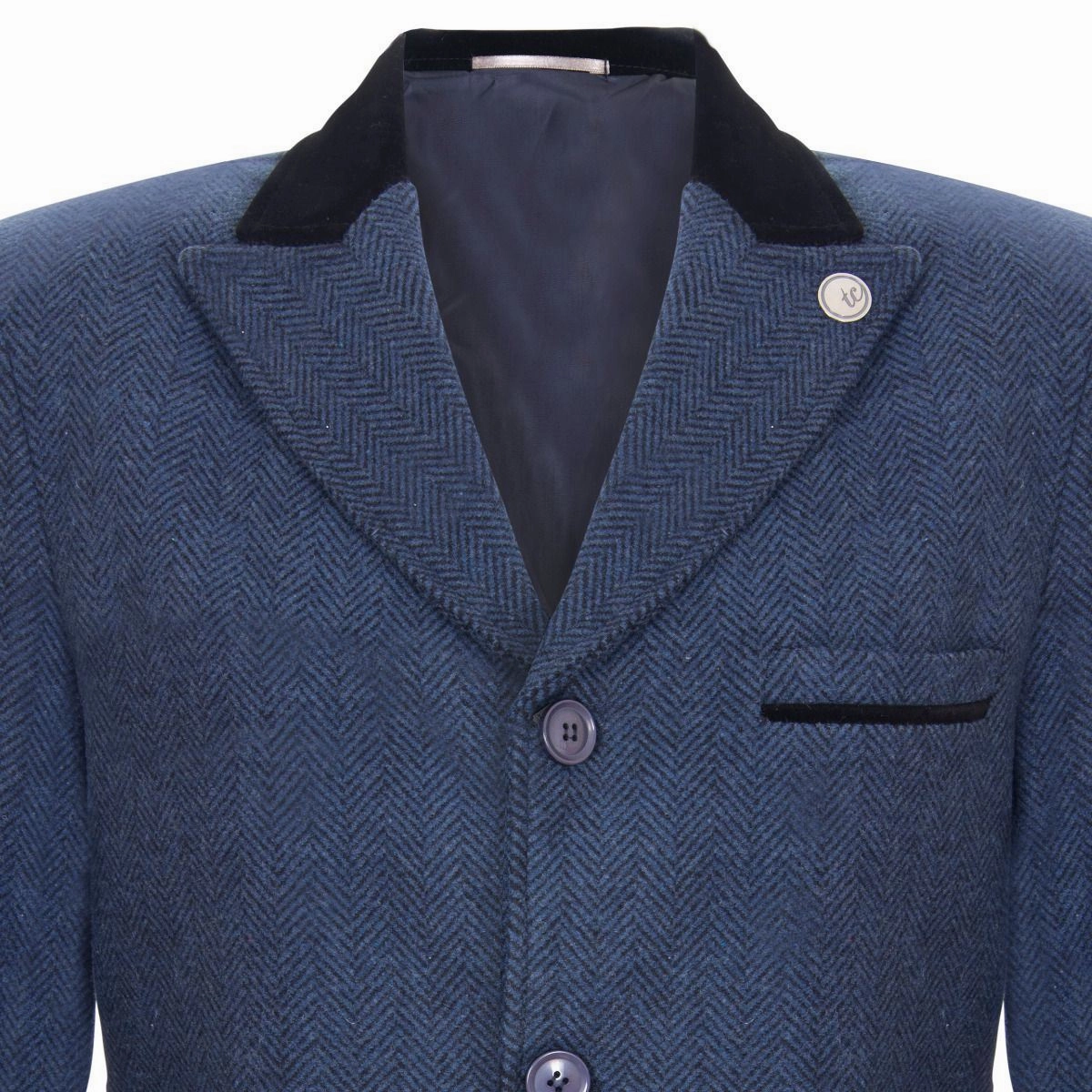 Mens 3/4 Long Navy Crombie Overcoat Jacket Herringbone Tweed Coat Peaky Blinder