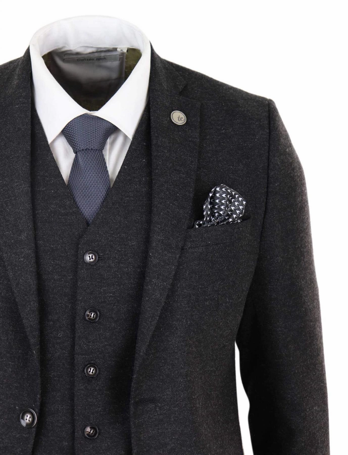 Mens 3 Piece Black Wool Tweed Vintage Retro Suit