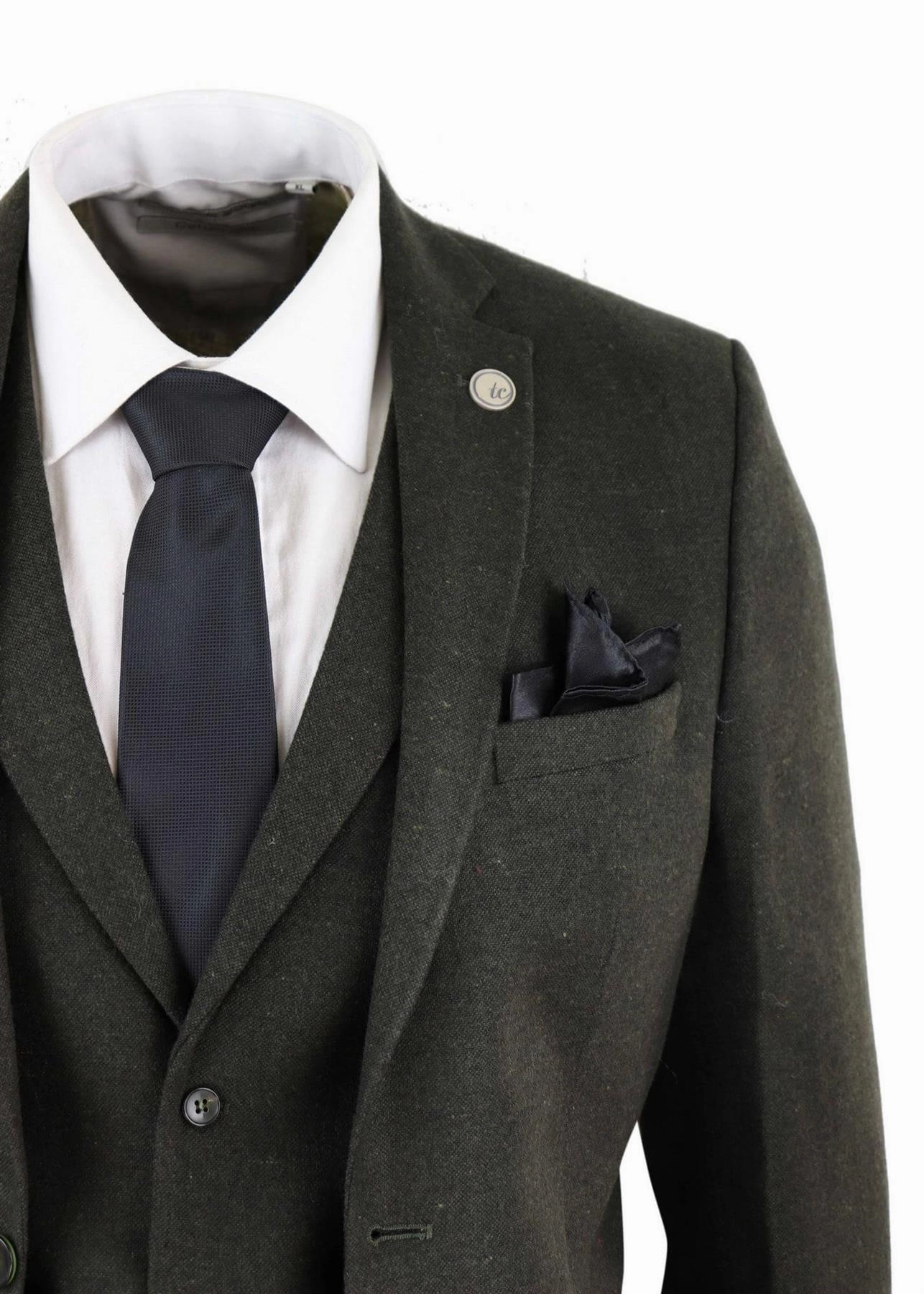 Mens 3 Piece Olive Green Wool Tweed Vintage Retro Suit