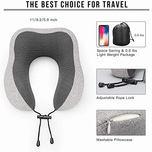 MLVOC Travel Pillow 100% Pure Memory Foam Neck Pillow, Comfortable & Breathable Cover, Machine Washable, Airplane Travel Kit with 3D Contoured Eye Masks, Earplugs, and Luxury Bag, Standard, Gray