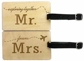 Mr Mrs Wooden Luggage Tags Travel Cute Couples Gift - 2 Pack