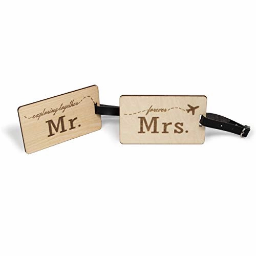 Mr Mrs Wooden Luggage Tags Travel Cute Couples Gift - 2 Pack
