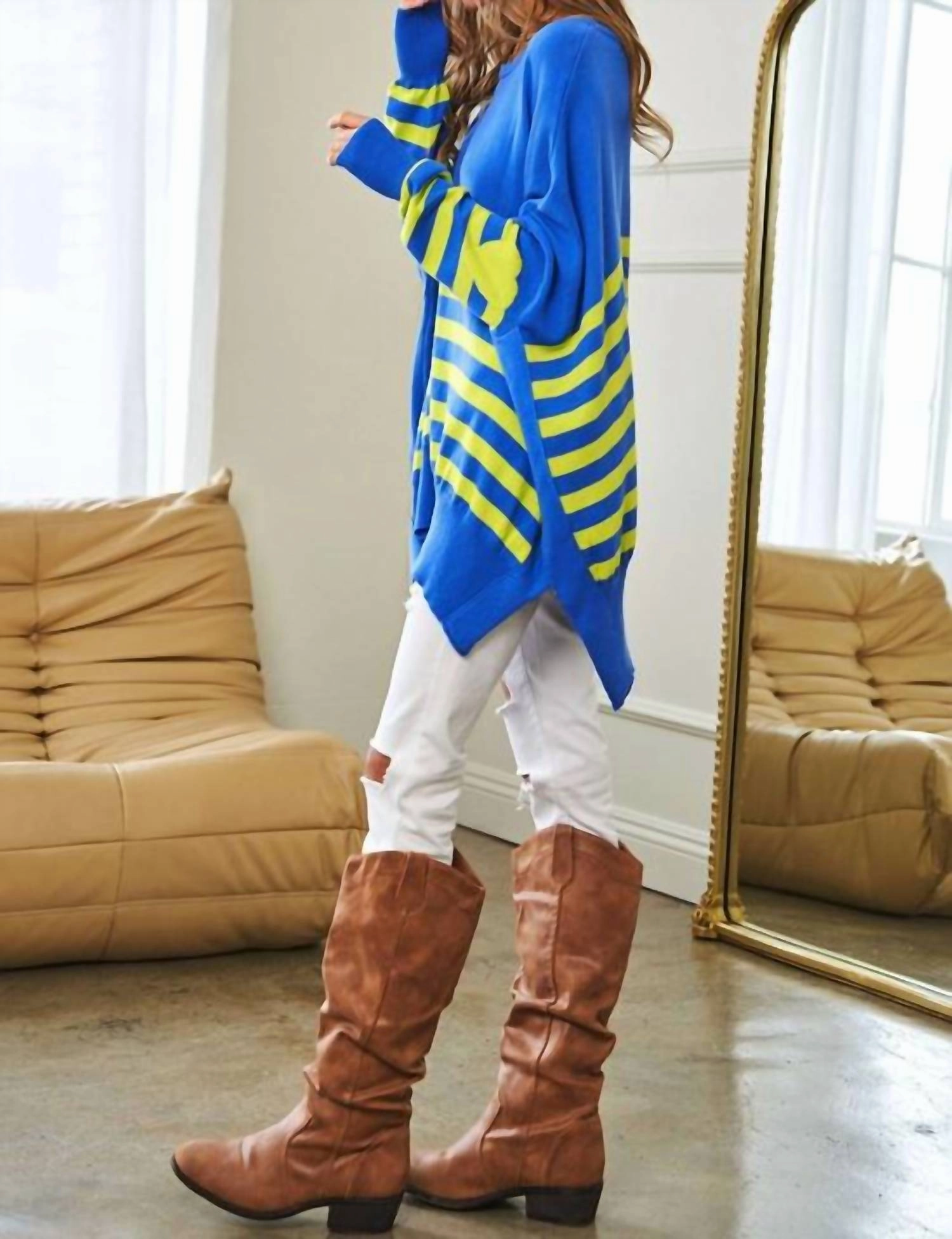 Multi Striped Elbow Patch Loose Fit Sweater Top In Ocean Blue