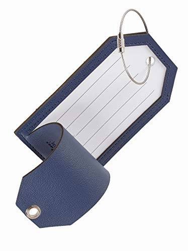 NapaWalli Leather Instrument Baggage Bag Luggage Tags with Privacy Cover 2 Pcs Set (Blue Navy)