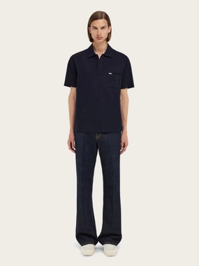 Navy Cotton Polo with Jacquard Pocket Tops Mens - men's t-shirts outlet