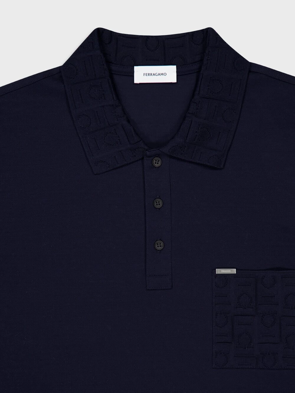 Navy Cotton Polo with Jacquard Pocket