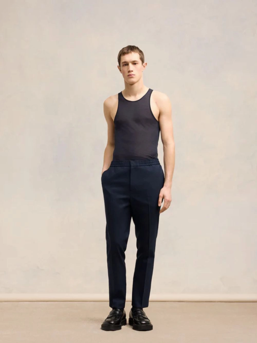 Navy Wool Elasticated Waist Trousers