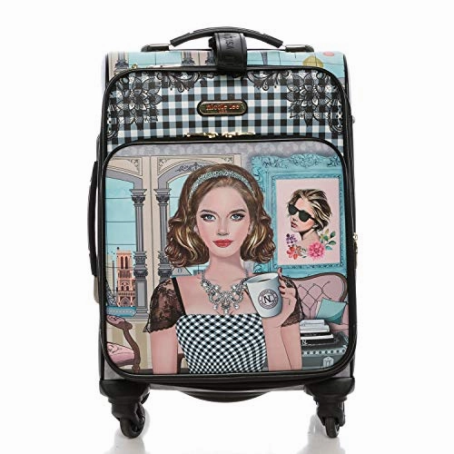NICOLE LEE USA Women's 18" Graphic Grey Carry-on Luggage, 4 Spinner Wheels, Ara Loves Morning Coffee