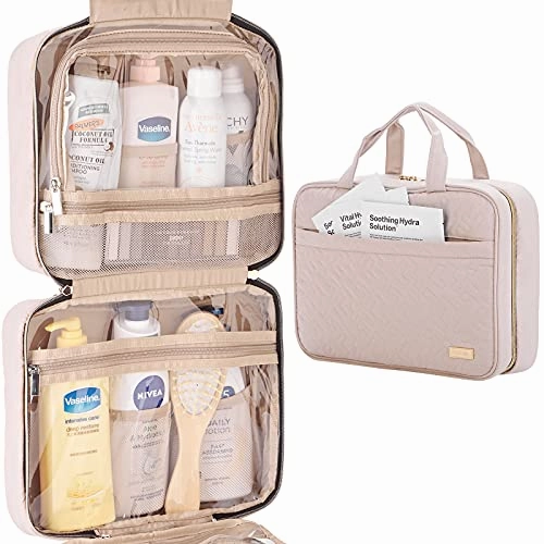 NISHEL Large Hanging Travel Toiletry Bag, Portable Makeup Organizer, Water Resistant Cosmetic Holder for Brushes Set, Full-Sized Shampoo, Conditioner, Accessories, Pink
