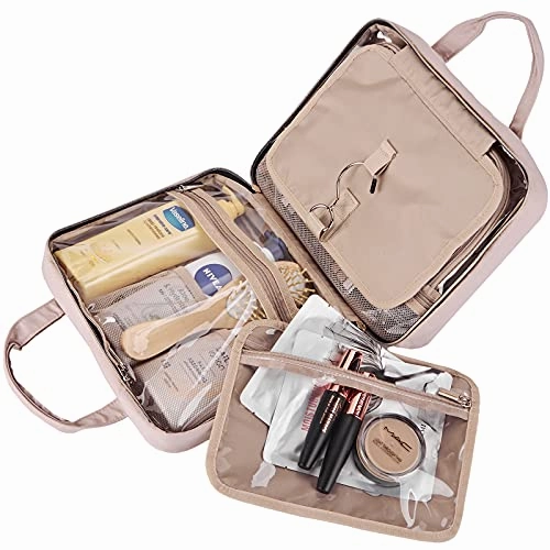 NISHEL Large Hanging Travel Toiletry Bag, Portable Makeup Organizer, Water Resistant Cosmetic Holder for Brushes Set, Full-Sized Shampoo, Conditioner, Accessories, Pink