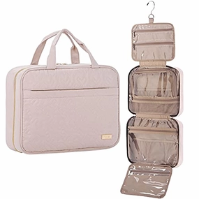 NISHEL Large Hanging Travel Toiletry Bag, Portable Makeup Organizer, Water Resistant Cosmetic Holder for Brushes Set, Full-Sized Shampoo, Conditioner, Accessories, Pink