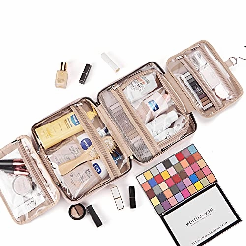 NISHEL Large Hanging Travel Toiletry Bag, Portable Makeup Organizer, Water Resistant Cosmetic Holder for Brushes Set, Full-Sized Shampoo, Conditioner, Accessories, Pink