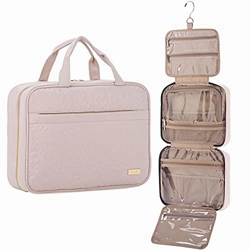 NISHEL Large Hanging Travel Toiletry Bag, Portable Makeup Organizer, Water Resistant Cosmetic Holder for Brushes Set, Full-Sized Shampoo, Conditioner, Accessories, Pink