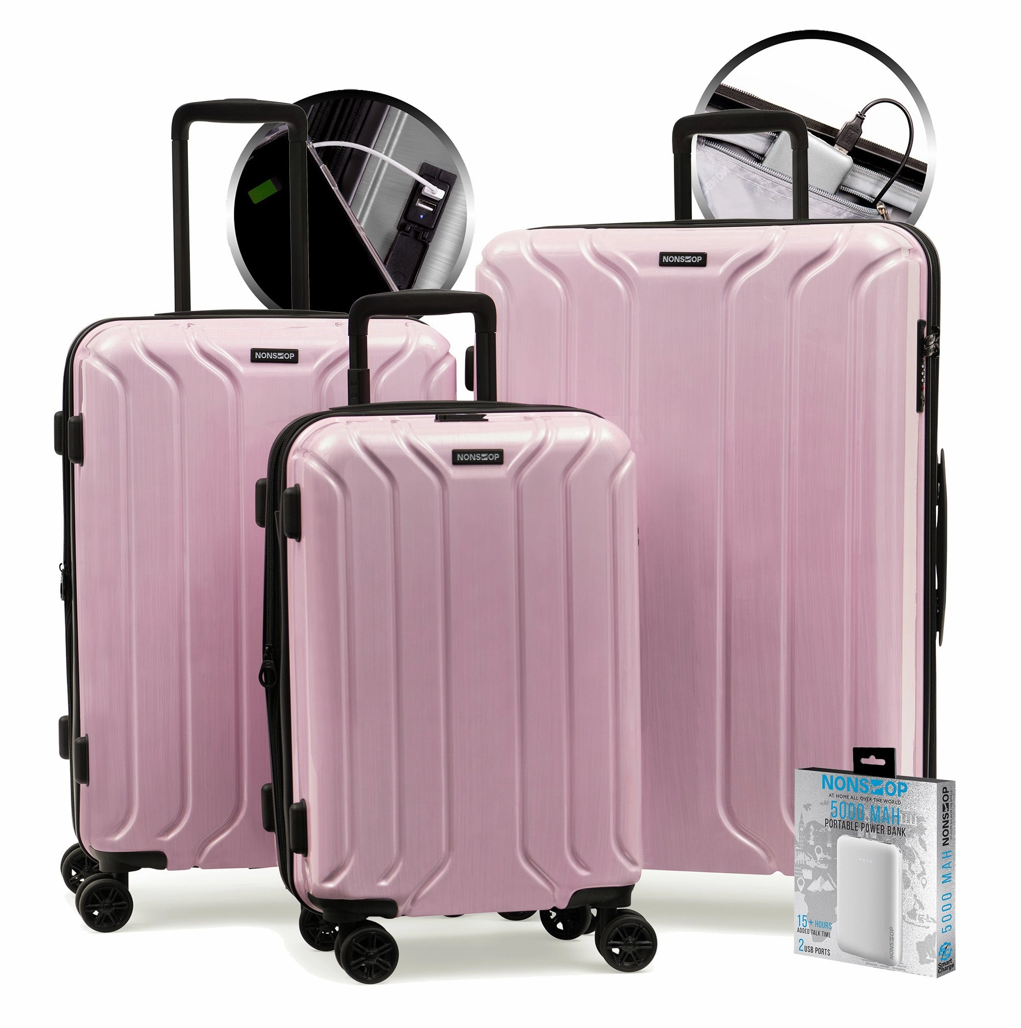NONSTOP New York Elite 3-Piece Expandable Spinner Luggage Set with Powerbank & 3-Piece Packing Cube Set
