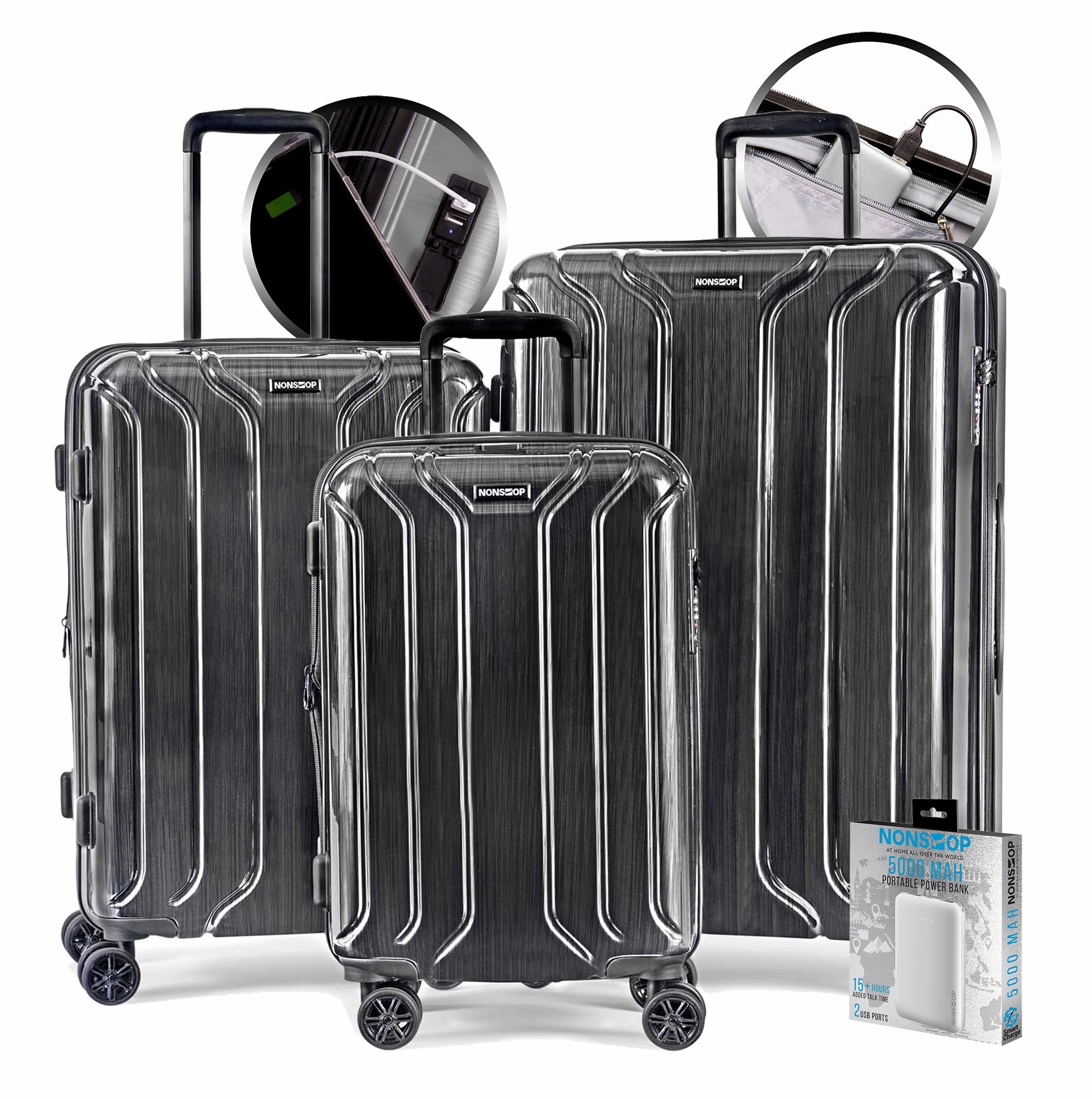 NONSTOP New York Elite 3-Piece Expandable Spinner Luggage Set with Powerbank & 3-Piece Packing Cube Set