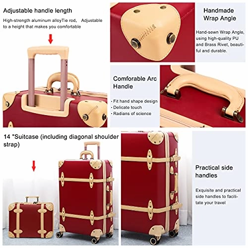 NZBZ Retro Suitcase Set Case Lady Trolley Case Waterproof Luggage TSA Password Box Cute Luggage (Cherry Red   Apricot, 20 inch   28 inch)