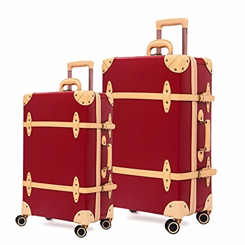 NZBZ Retro Suitcase Set Case Lady Trolley Case Waterproof Luggage TSA Password Box Cute Luggage (Cherry Red   Apricot, 20 inch   28 inch)