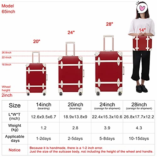 NZBZ Vintage Luggage Sets of 4 Pieces, Carry On Cute Suitcase with Rolling Spinner Wheels TSA Lock Luggage 14" 20" 24" 28" (Cherry Red)