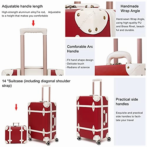 NZBZ Vintage Luggage Sets of 4 Pieces, Carry On Cute Suitcase with Rolling Spinner Wheels TSA Lock Luggage 14" 20" 24" 28" (Cherry Red)