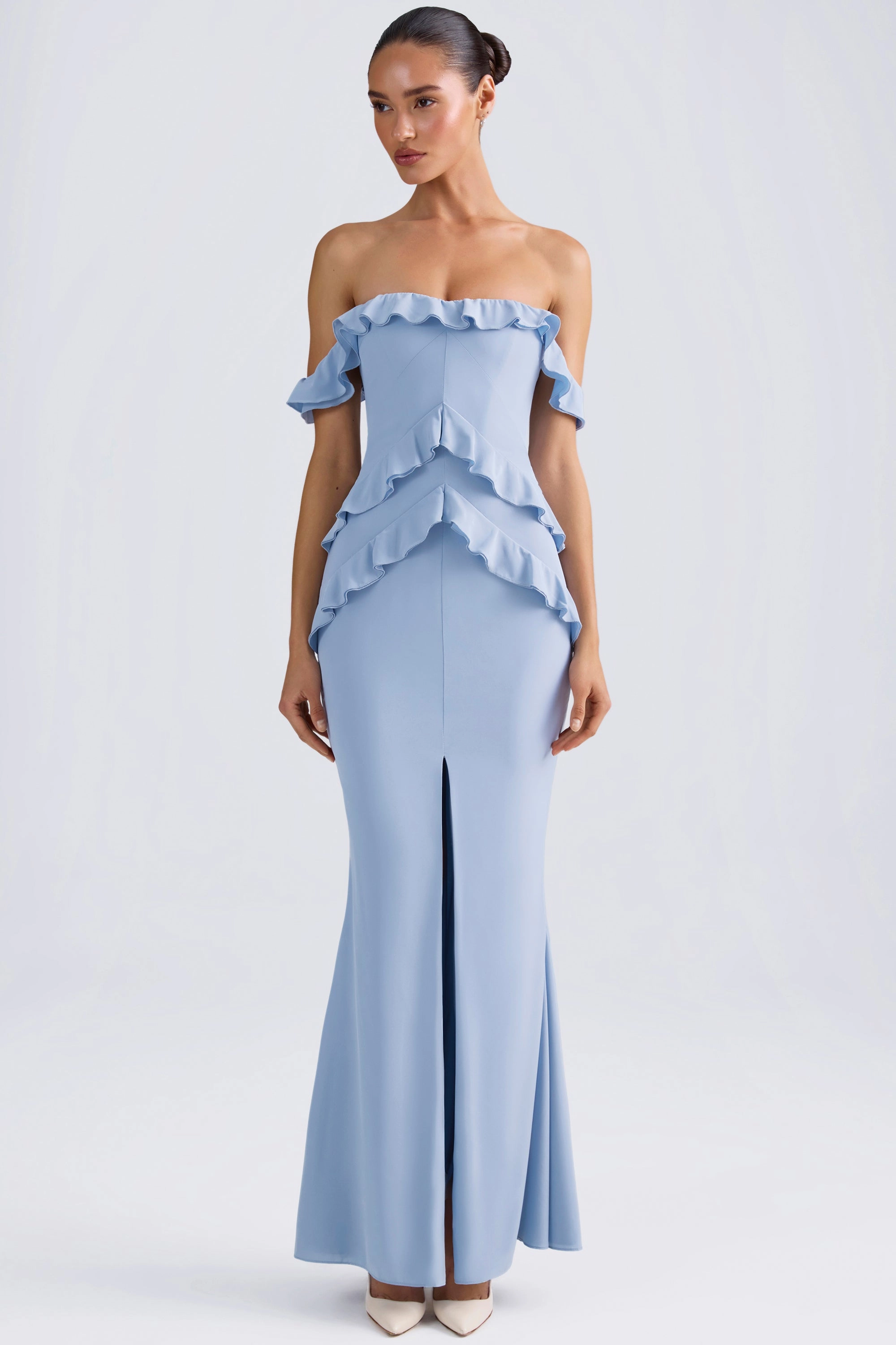 Off-Shoulder Ruffle-Trim Gown in Light Blue