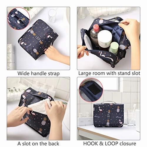 P.travel Portable Cosmetic Bag, Multiple Toiletry Kit, Travel Accessories, Bath and Shower Case Storage, Makeup Organizer for Women and Men, PT-1719 (Black Flamingo)