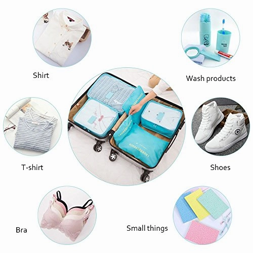 Pack of 6 Packing Cubes-Compression Travel Luggage Organizer-Travel Clothe Storage Bag-Travel Mesh Pouch -Laundry Bag-Travel Packing Organizer-Shoe Bag (Light Blue )