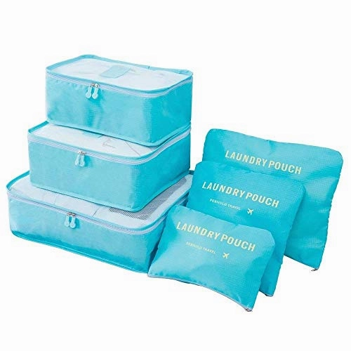Pack of 6 Packing Cubes-Compression Travel Luggage Organizer-Travel Clothe Storage Bag-Travel Mesh Pouch -Laundry Bag-Travel Packing Organizer-Shoe Bag (Light Blue )