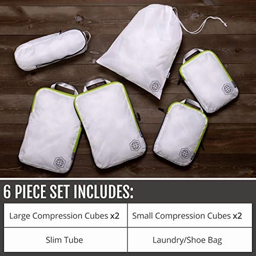 Packing Cubes Travel Organizer- Compression Packing Cubes for Carryon Luggage (White and Green, 6