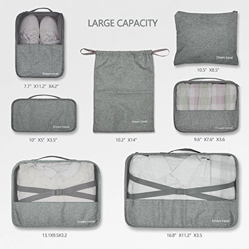 Packing Cubes VAGREEZ 7 Pcs Travel Luggage Packing Organizers Set with Laundry Bag (Grey)